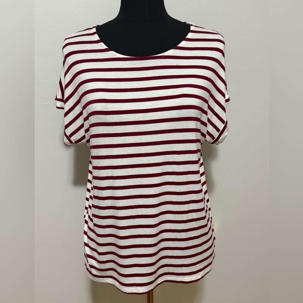 Green Envelope Red and White Striped Short Sleeve Top
